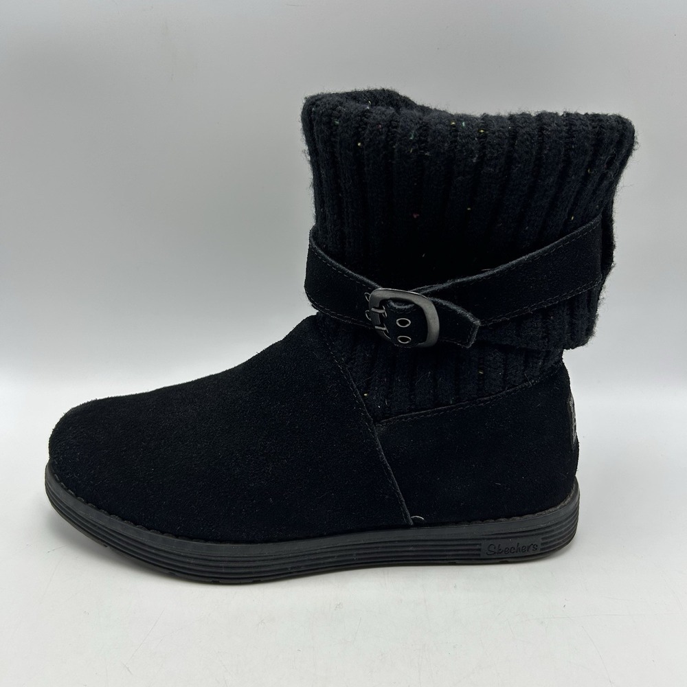 Skechers Boots Womens 7 Black Suede Sweater Ankle 48625 Pull On Cozy Casual